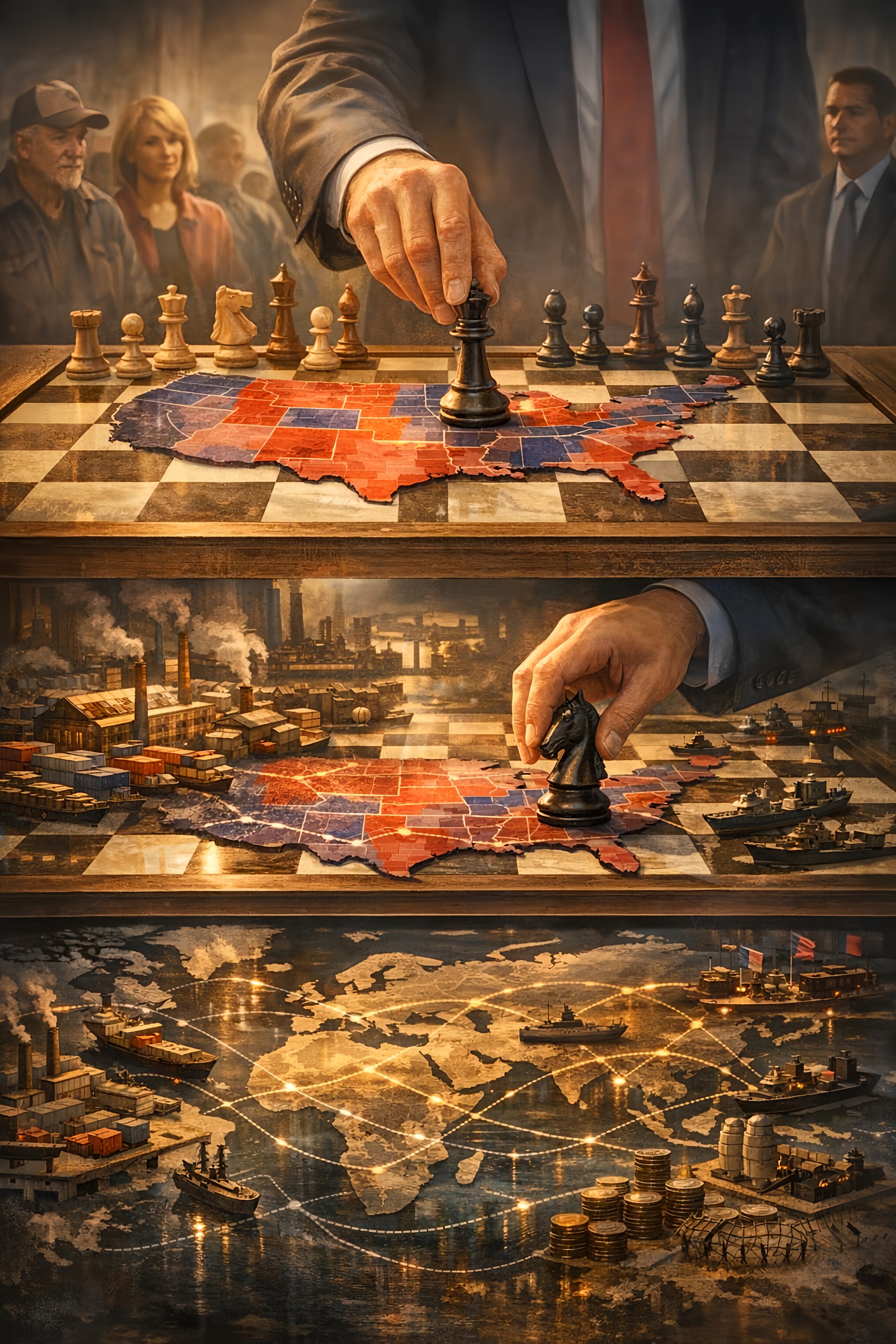 Editorial image for “Foreign Policy”: A two-level foreign-policy chessboard: domestic voters and campaign maps above, global trade routes, factories, tariffs, alliances and sanctions below, showing how domestic politics and international interests often…