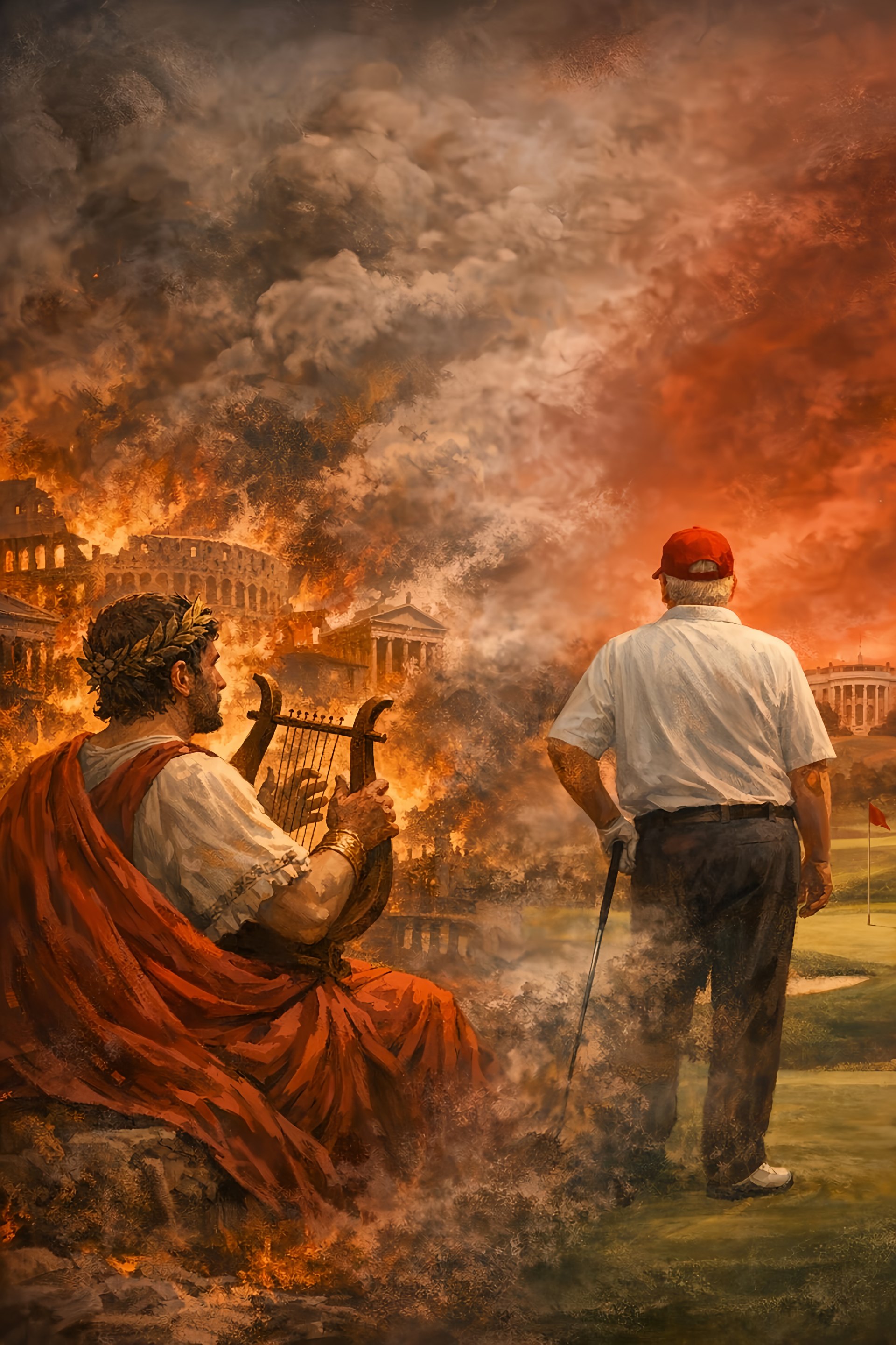 Editorial image for “leadership?”: A sharp visual parallel: ancient Rome burning while Nero plays music, dissolving into a modern presidential golf course under smoke and emergency-red skies; concise, satirical and unmistakably symbolic.