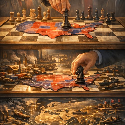 Editorial image for “Foreign Policy”: A two-level foreign-policy chessboard: domestic voters and campaign maps above, global trade routes, factories, tariffs, alliances and sanctions below, showing how domestic politics and international interests often…