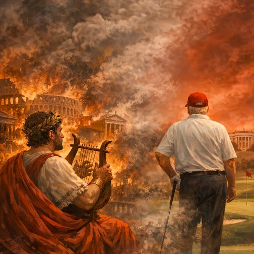 Editorial image for “leadership?”: A sharp visual parallel: ancient Rome burning while Nero plays music, dissolving into a modern presidential golf course under smoke and emergency-red skies; concise, satirical and unmistakably symbolic.